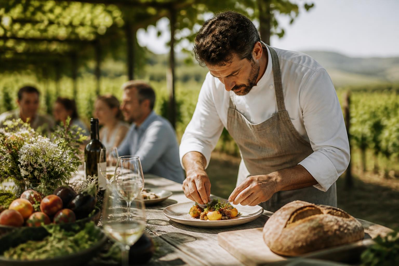 A chef plating a course at an outdoor vineyard lunch in Wine Country