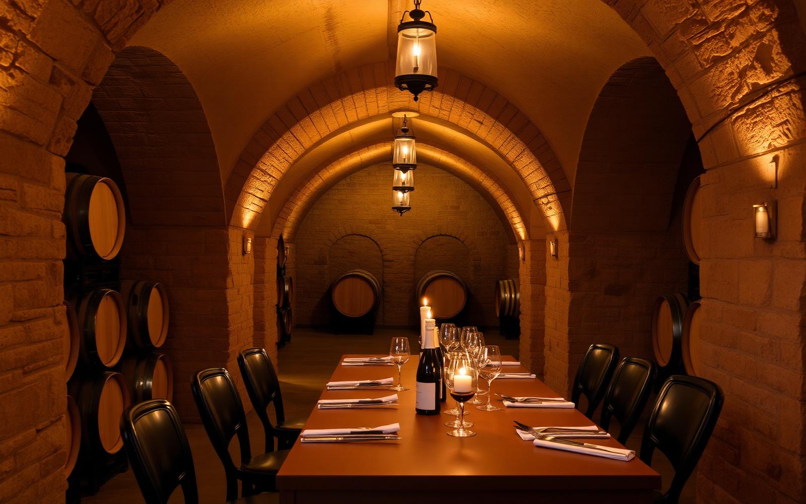 Candlelit table set for a small tasting in a stone barrel cellar