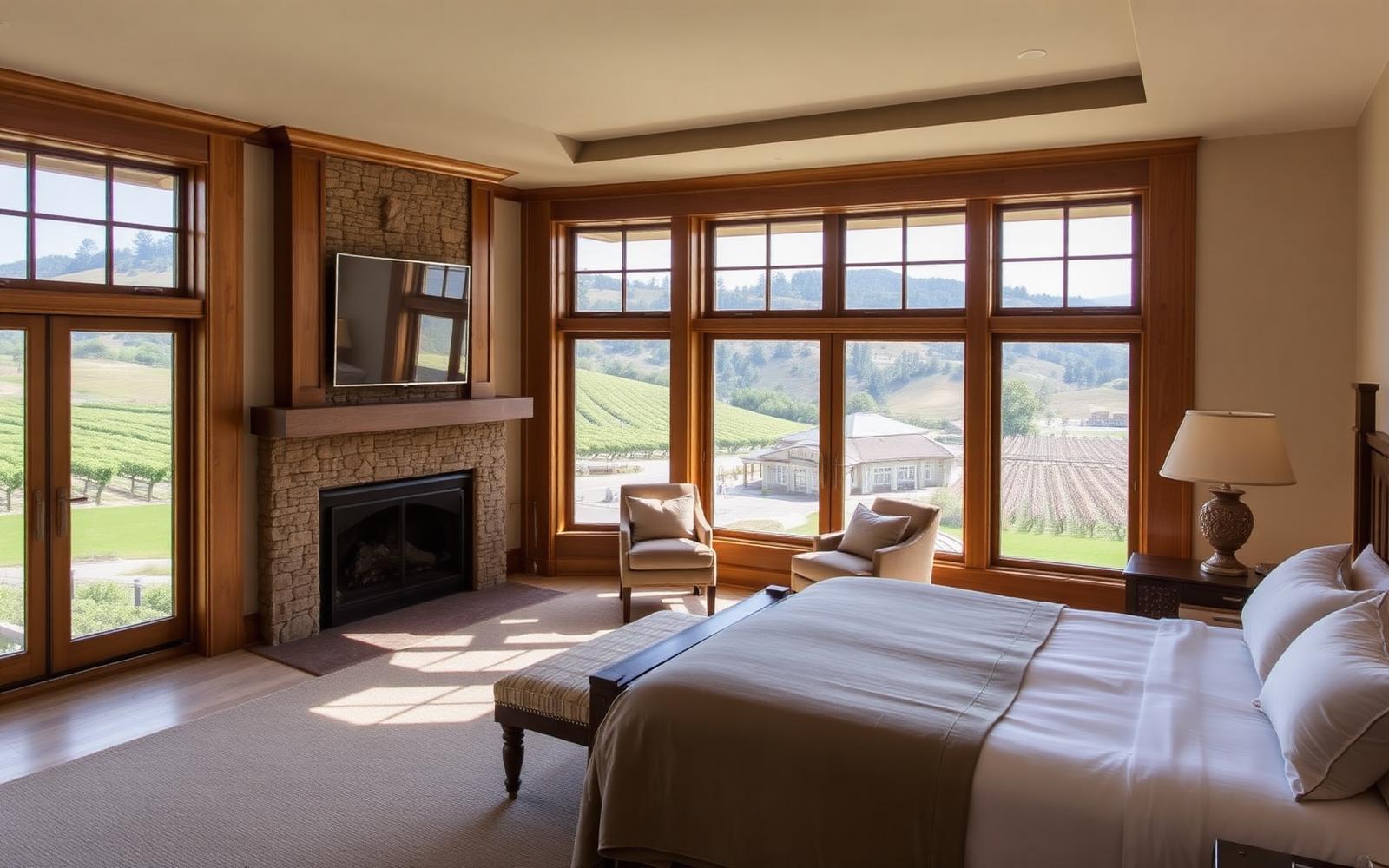 Hotel suite with a fireplace and windows looking out over vineyard rows